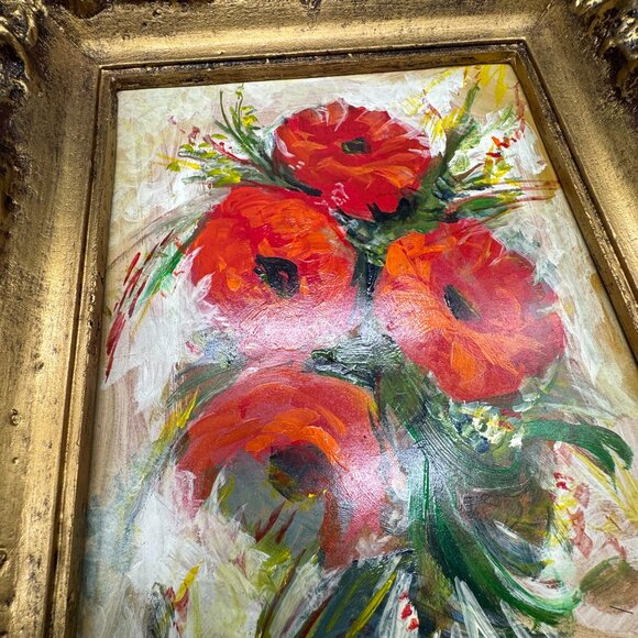 VTG Framed Original Oil Painting on Board Poppies Flowers Signed NOVA 13 x 11 in - Picture 3 of 9